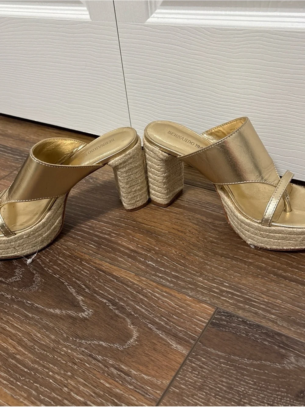 Bernardo Metallic Gold Espadrille Platform Thong Heels